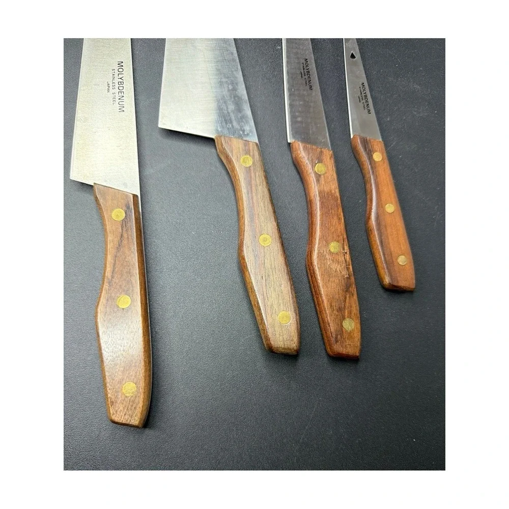 Molybdenum Stainless Steel Knife Set 4pc Japan Wood Handle Brass Rivets Vintage
